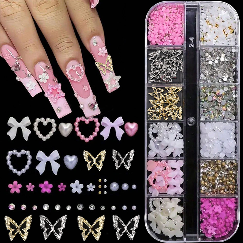 12Grid Pink White Bow Nail Art - Crystal Bead Mix recension och pris