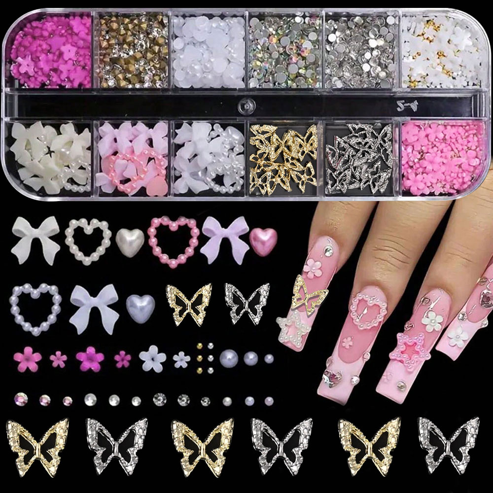 12Grid Pink White Bow Nail Art - Crystal Bead Mix recension och pris