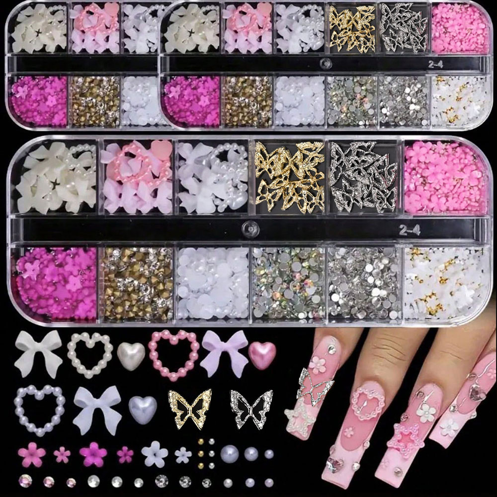 12Grid Pink White Bow Nail Art - Crystal Bead Mix recension och pris